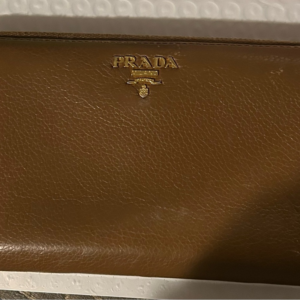 Prada Tan Leather Wallet with Gold Zipper